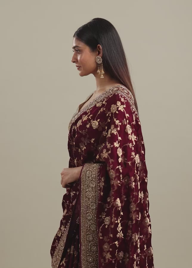 Ruby Red Floral Zari Work Bridal Saree