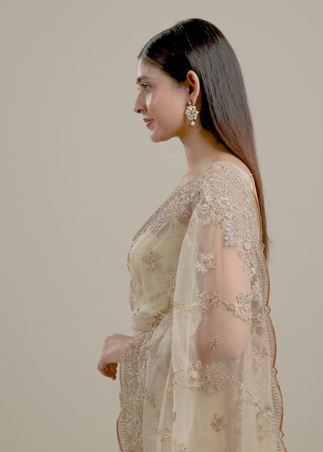 Warm Beige Bel Buti Patterned Stone Work Saree